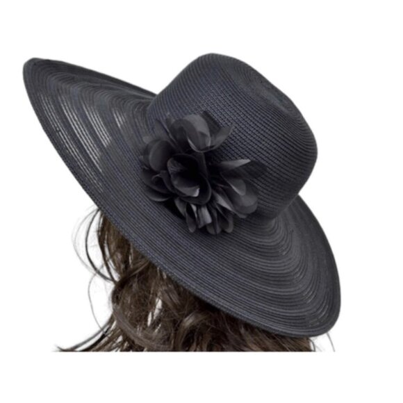 Nine West Floppy Hat Wide Brim  All Season Summer Flower Applique Black OS - Picture 2 of 16